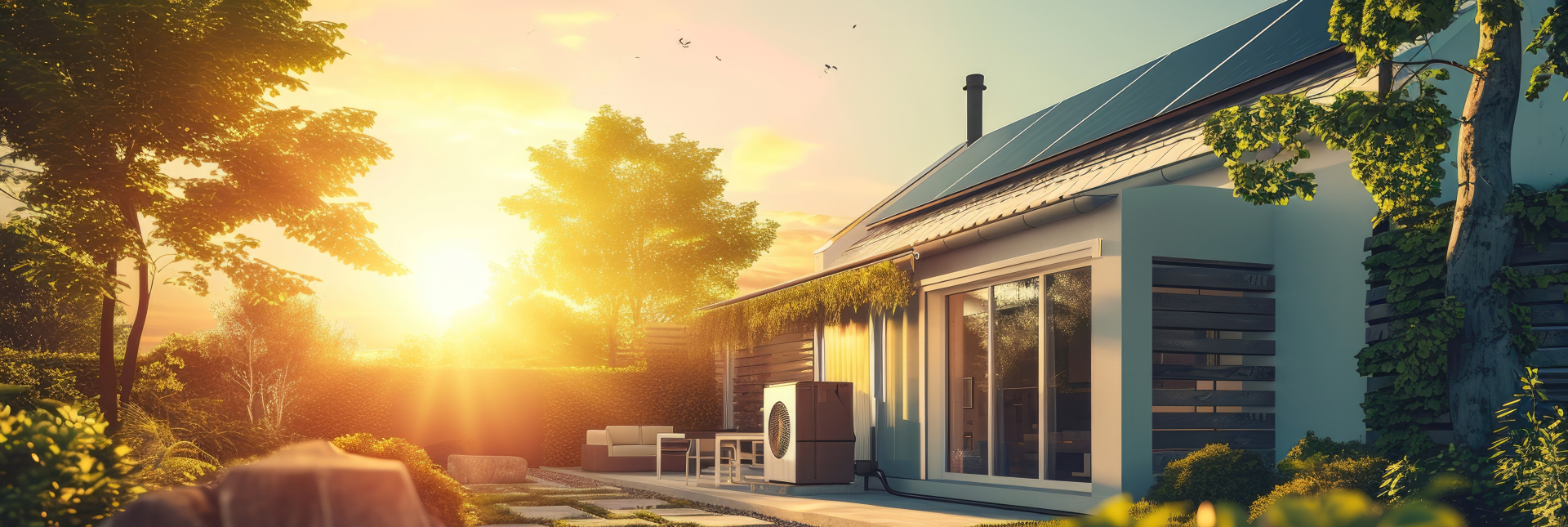 Ein sehr sonniges Bild eines Hauses und dessen Garten. Auf dem Dach ist eine Photovoltaik-Anlage.